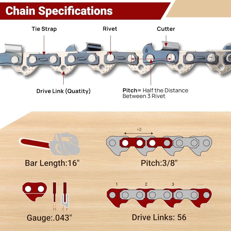 PETOX 3-Pack 16 Inch Chainsaw Chain 56 Drive Links, 3/8" Pitch, 0.043" Gauge, Fit for Craftsman, Ego, Echo, Greenworks, Poulan, Dewalt, Husqvarna Chainsaws and More - Image 3